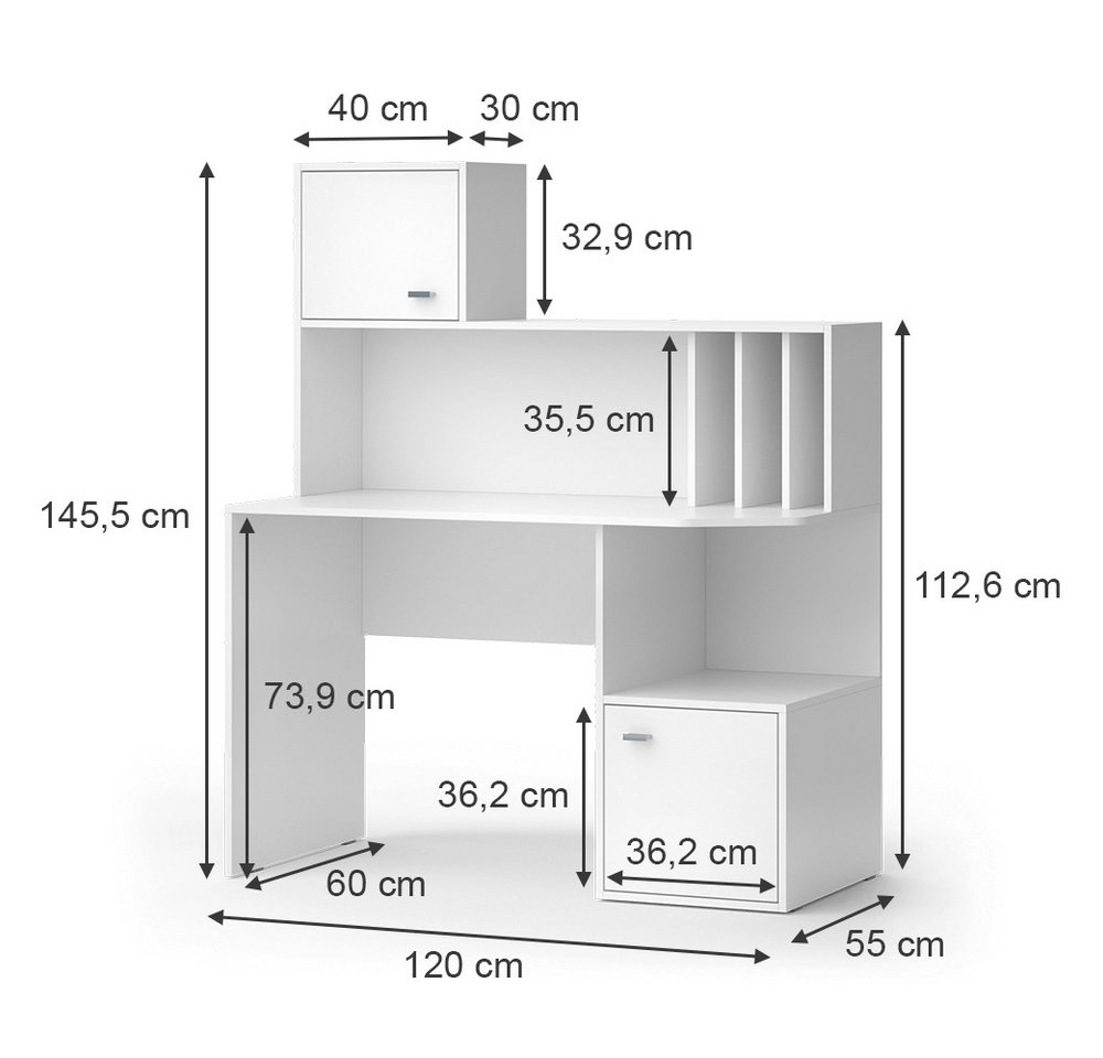 Vicco Schreibtisch Alwin, Weiß, 115 x 55 cm mit 2 Türen (1-St) – Bild 3 von 5