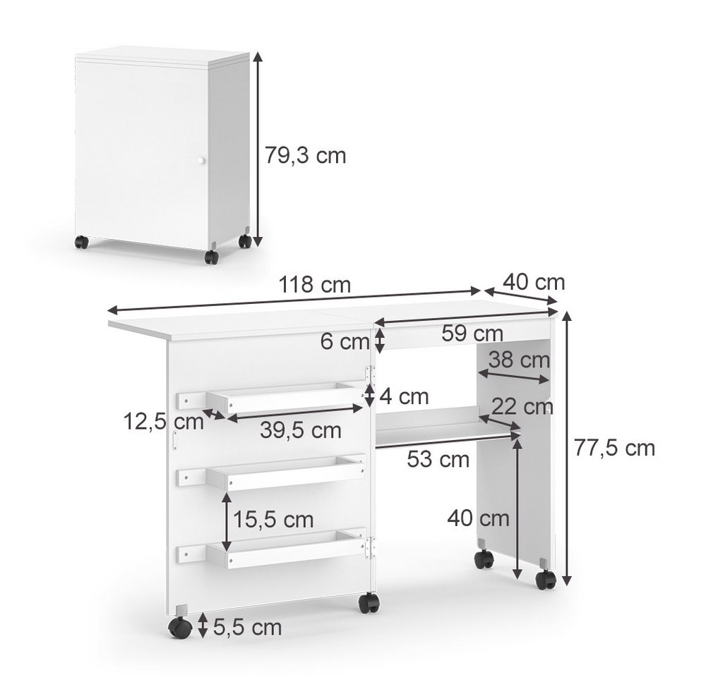 Vicco Schreibtisch Carmen, Weiß, 118.5 x 79.5 cm mit 3 Regalen (1-St) – Bild 3 von 5