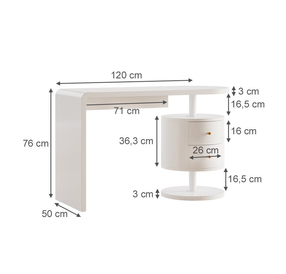 Vicco Schreibtisch Lara, Weiß Hochglanz, 120 x 50 cm mit 2 Schubladen (1-St) – Bild 4 von 5