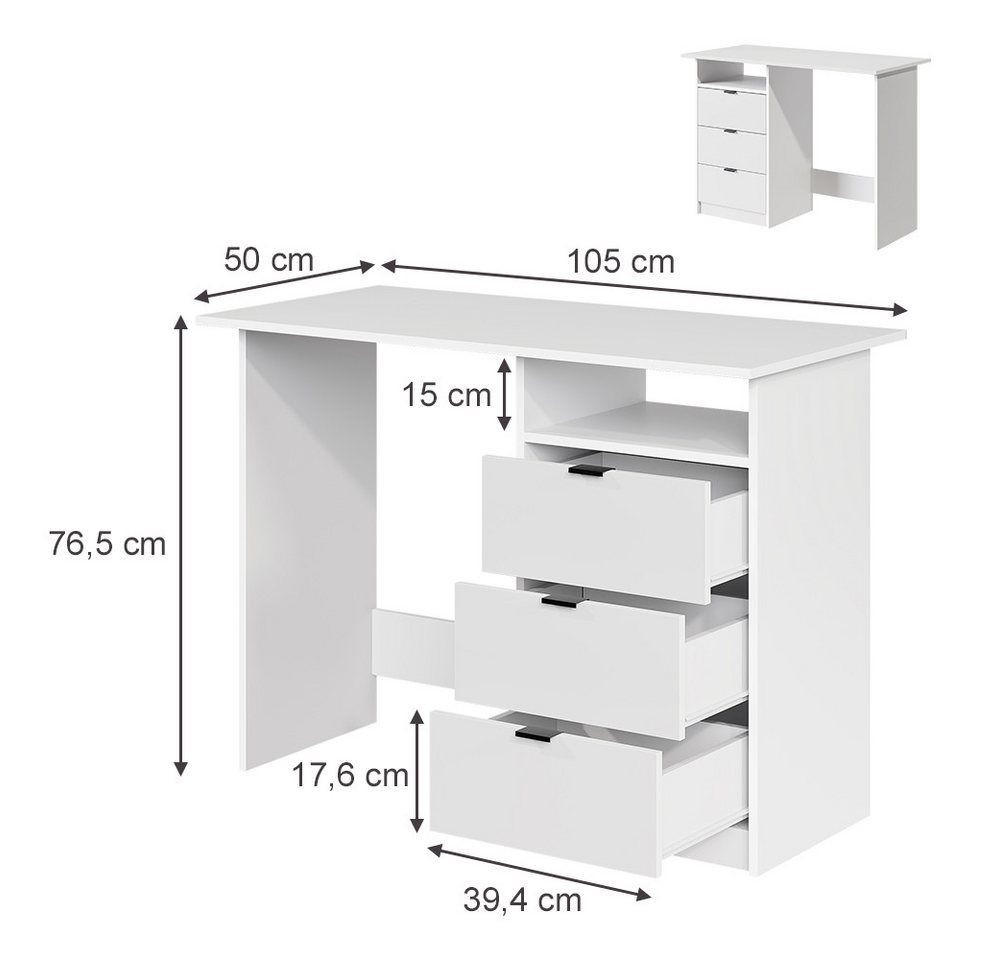Vicco Schreibtisch Meiko, Weiß, 105 x 50 cm mit Schubladen (1-St) – Bild 3 von 5