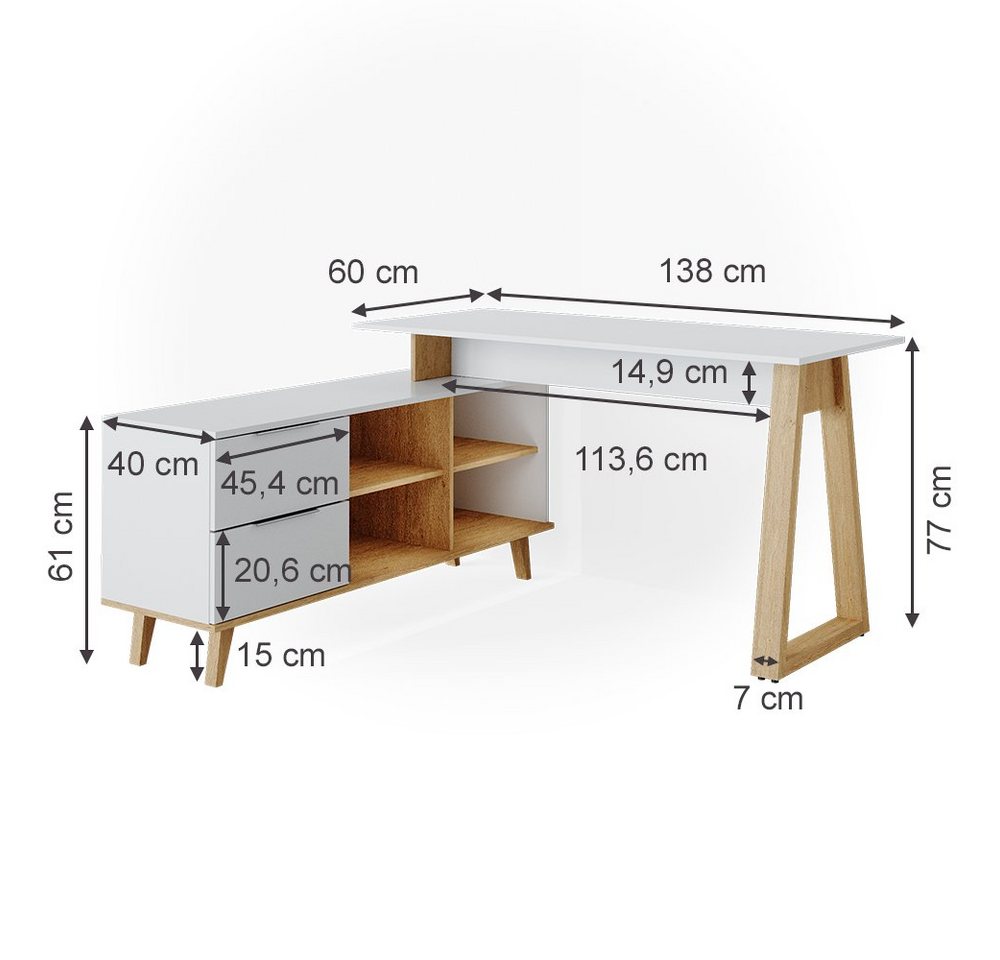 Vicco Schreibtisch Nautica, Weiß/Eiche, 138 x 60 cm mit Schubladen XXL (1-St) – Bild 3 von 5