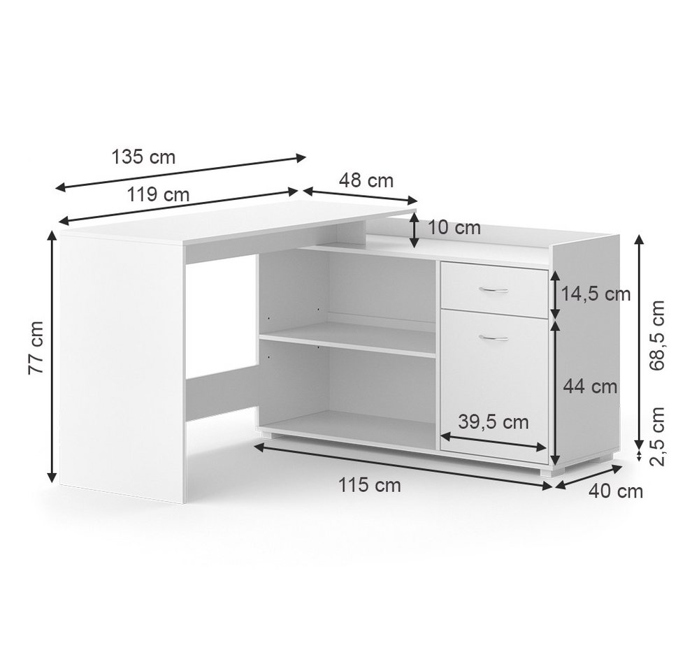 Vicco Schreibtisch Noira, Weiß, 135 x 77 cm mit Schublade (1-St) – Bild 4 von 5