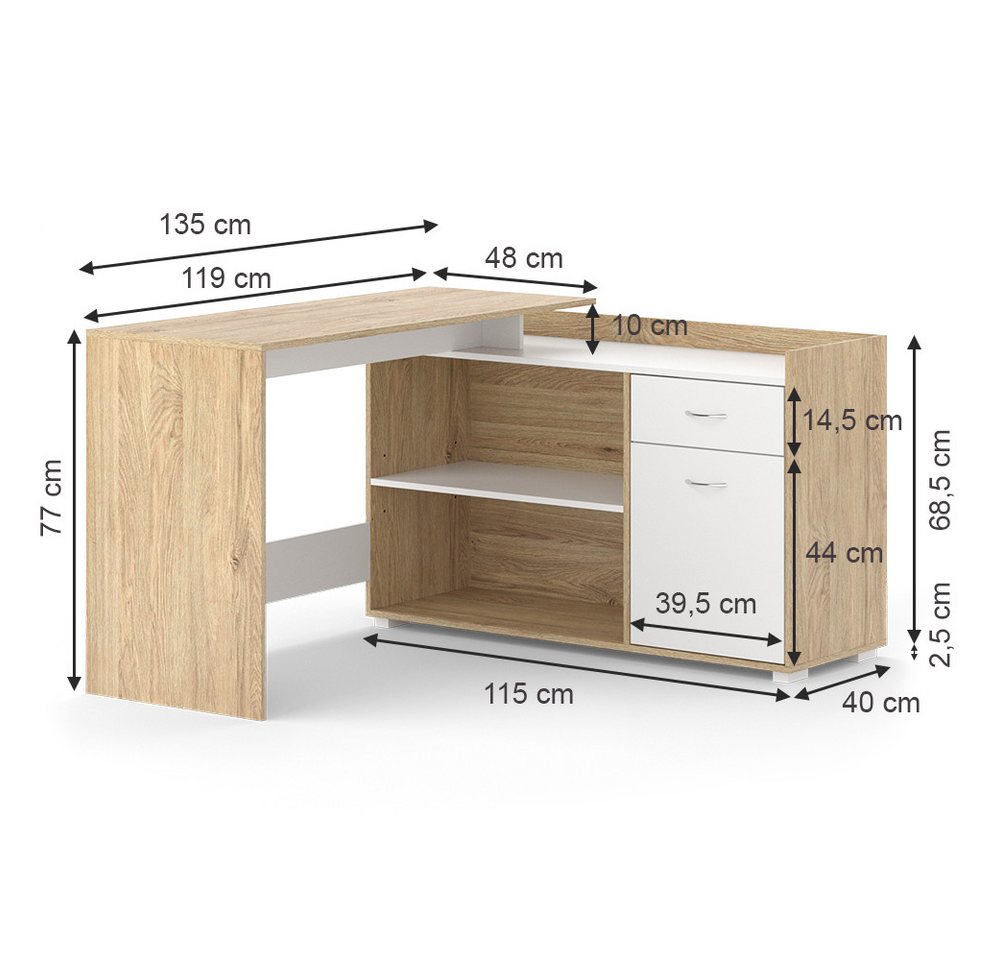 Vicco Schreibtisch Noira, Weiß/Sonoma, 135 x 77 cm mit Schublade (1-St) – Bild 4 von 5