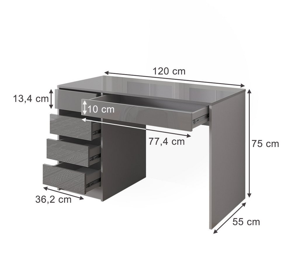 Vicco Schreibtisch Sherry, Grau Hochglanz, 55 x 120 cm mit Schubladen (1-St) – Bild 3 von 5