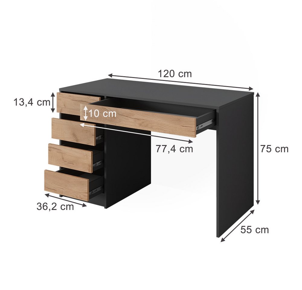 Vicco Schreibtisch Sherry, Anthrazit/Goldkraft Eiche, 55 x 120 cm mit Schubladen (1-St) – Bild 3 von 5