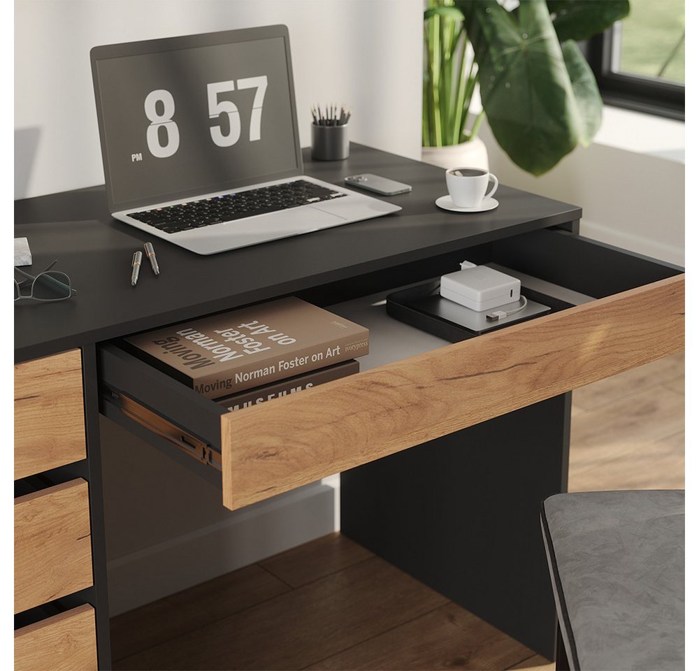 Vicco Schreibtisch Sherry, Anthrazit/Goldkraft Eiche, 55 x 120 cm mit Schubladen (1-St) – Bild 4 von 5