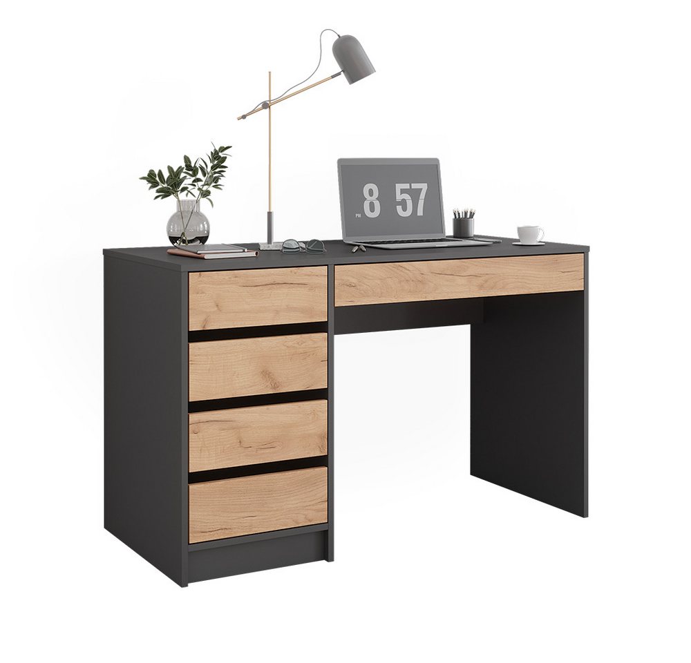Vicco Schreibtisch Sherry, Anthrazit/Goldkraft Eiche, 55 x 120 cm mit Schubladen (1-St) – Bild 5 von 5