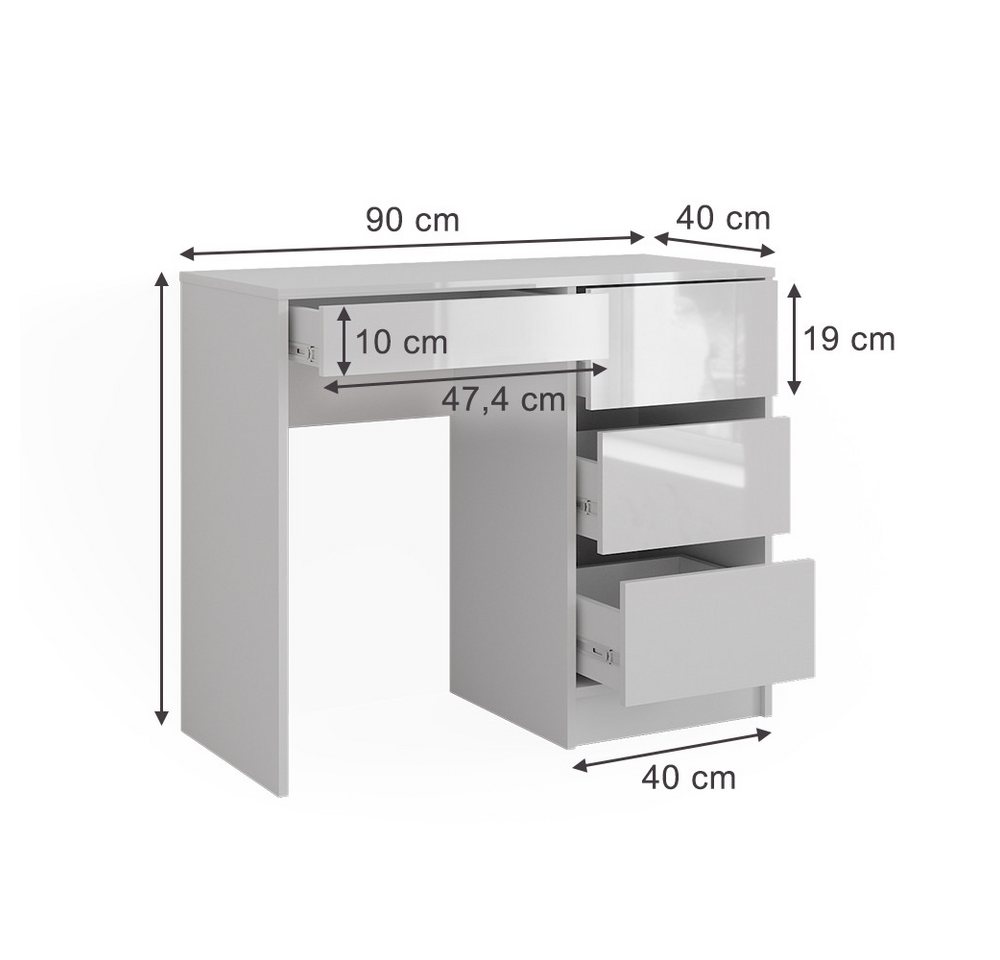 Vicco Schreibtisch Sherry, Weiß Hochglanz, 90 x 40 cm mit Schubladen (1-St) – Bild 3 von 5