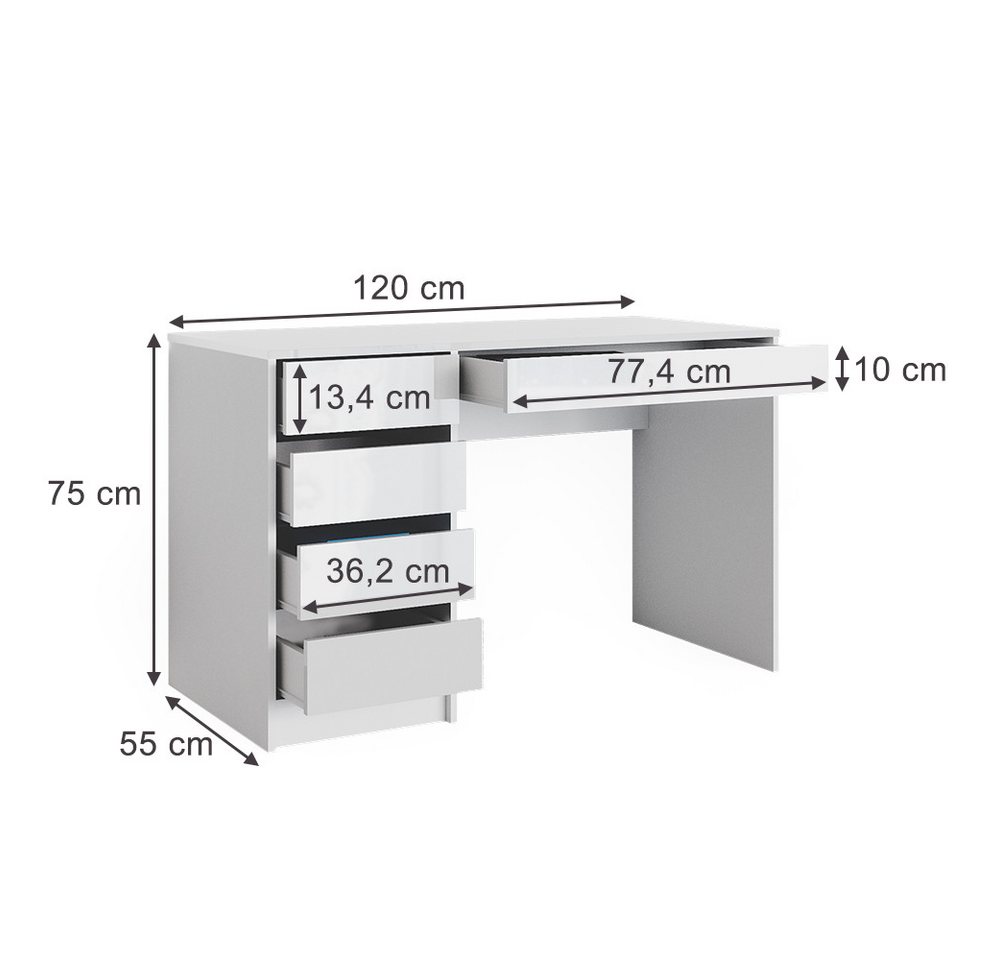 Vicco Schreibtisch Sherry, Weiß, 55 x 120 cm mit Schubladen (1-St) – Bild 3 von 5