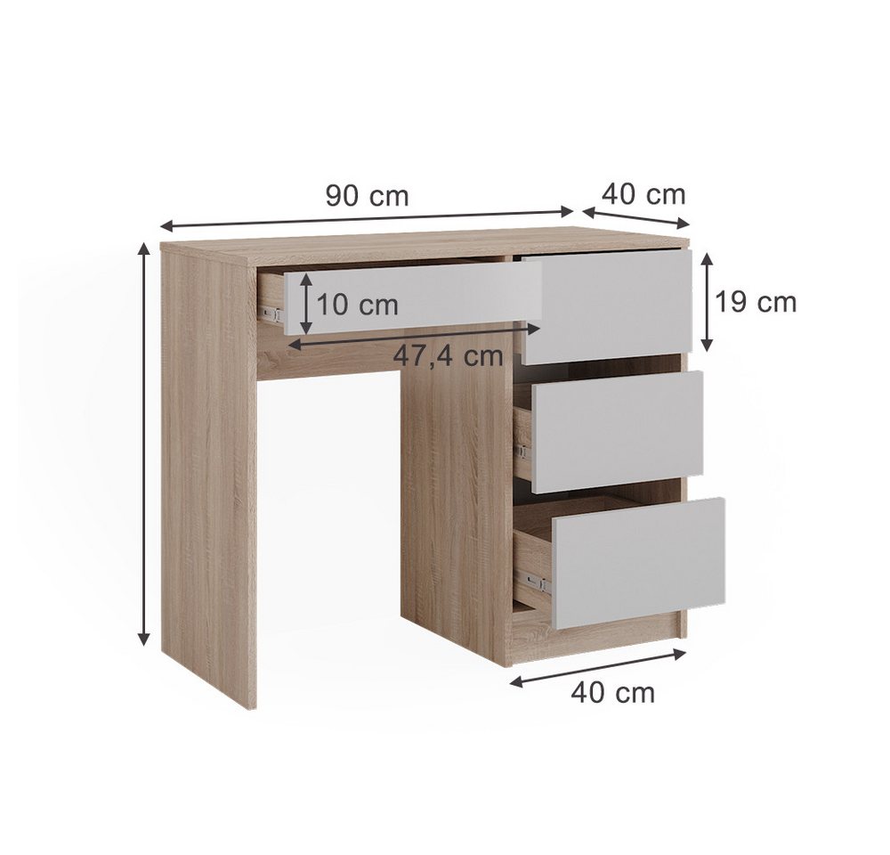 Vicco Schreibtisch Sherry, Weiß/Sonoma, 90 x 40 cm mit Schubladen (1-St) – Bild 3 von 5