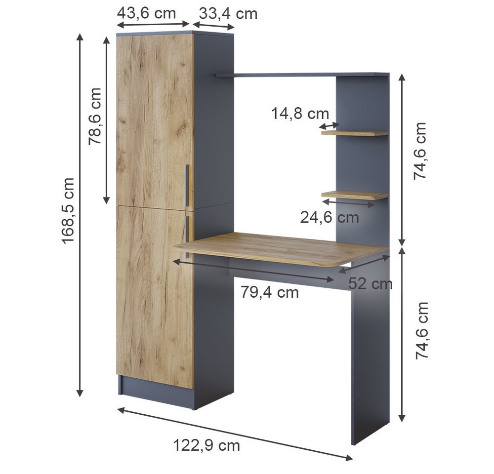 Vicco Schreibtisch Tessa, Anthrazit/Goldkraft Eiche, 122.9 x 33.4 cm (1-St) – Bild 2 von 5