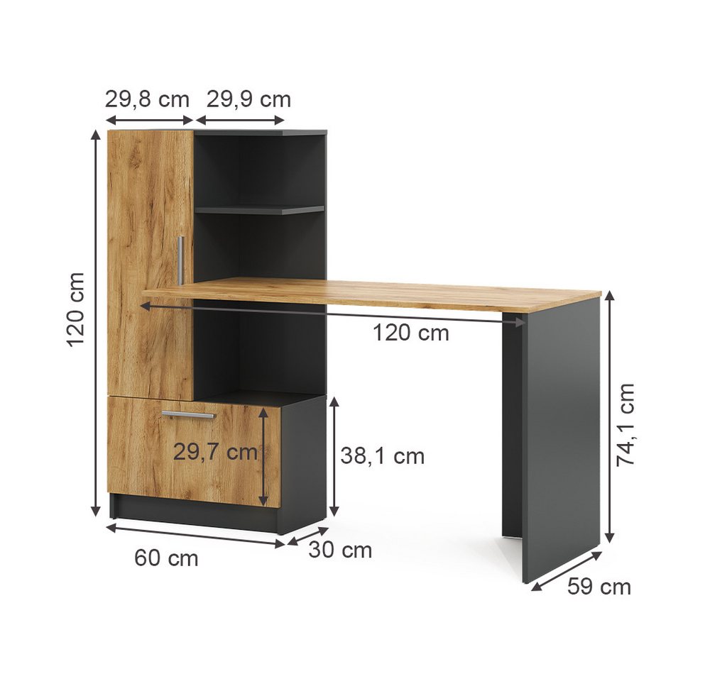 Vicco Schreibtisch Tomy, Anthrazit/Goldkraft Eiche, 150 x 59 cm (1-St) – Bild 2 von 5