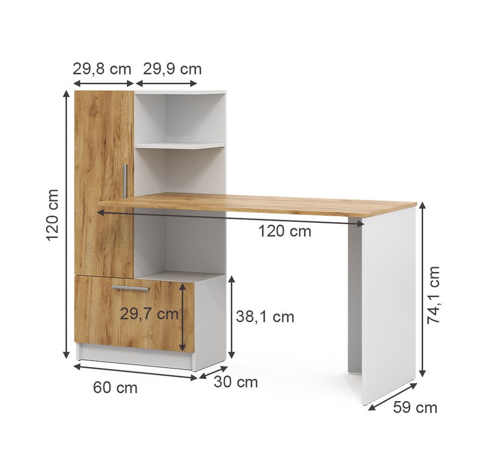 Vicco Schreibtisch Tomy, Weiß/Goldkraft Eiche, 150 x 59 cm (1-St) – Bild 2 von 5