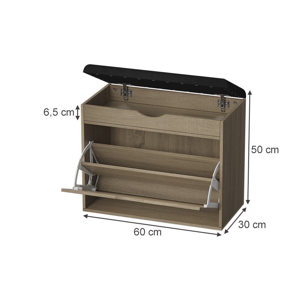 Vicco Schuhbank Schufy, Sonoma/Schwarz, 60 x 51 cm mit 2 Fächern (1-St) – Bild 3 von 5
