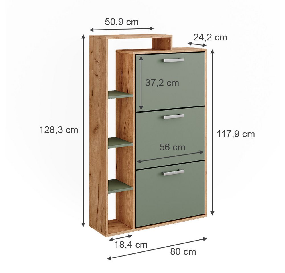 Vicco Schuhkipper Orlando, Goldkraft Eiche/Grün, 80 x 128.3 cm mit 3 Fächern (1 St) – Bild 3 von 5