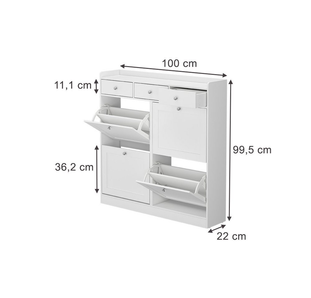 Vicco Schuhkipper Vitto, Weiß, 100 x 99.5 cm mit 3 Schubladen & 4 Klappfächern (1 St) – Bild 3 von 5