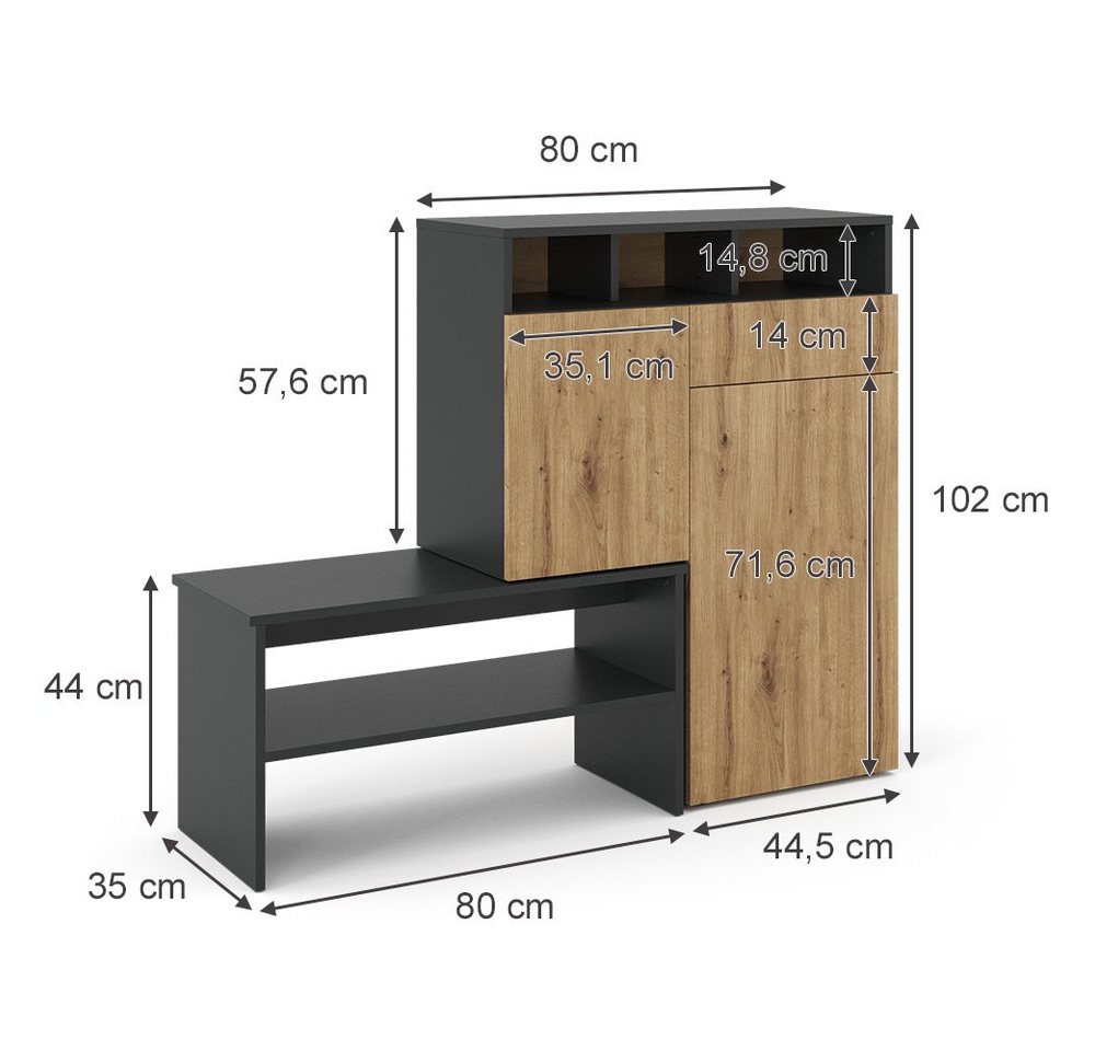 Vicco Schuhschrank Selena, Anthrazit/Eiche, 125 x 102 cm (1-St) mit Sitzbank – Bild 4 von 5
