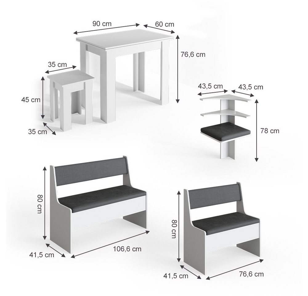 Vicco Sitzgruppe Roman, Weiß/Anthrazit, 150 x 120 cm mit Tisch, (Set, 5-tlg., 5-er Set), bequeme Polsterung – Bild 4 von 5