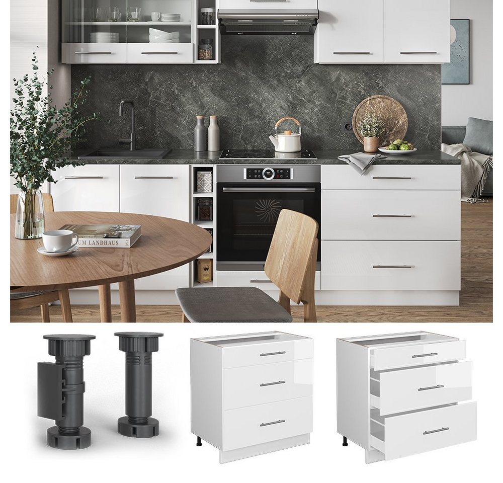 Vicco Unterschrank Fame-Line, Weiß Hochglanz/Weiß, 80 cm mit 3 Schubladen, ohne Arbe... (1-St) – Bild 4 von 5