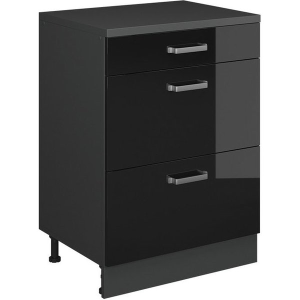 Vicco Unterschrank R-Line, Schwarz Hochglanz, 60 cm ohne Schräge mit 3 Schubladen (1-St)