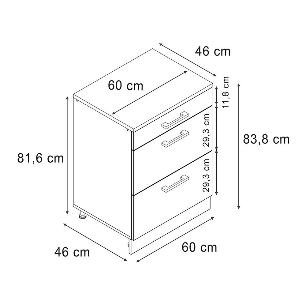 Vicco Unterschrank R-Line, Schwarz Hochglanz, 60 cm ohne Schräge mit 3 Schubladen (1-St) – Bild 2 von 5