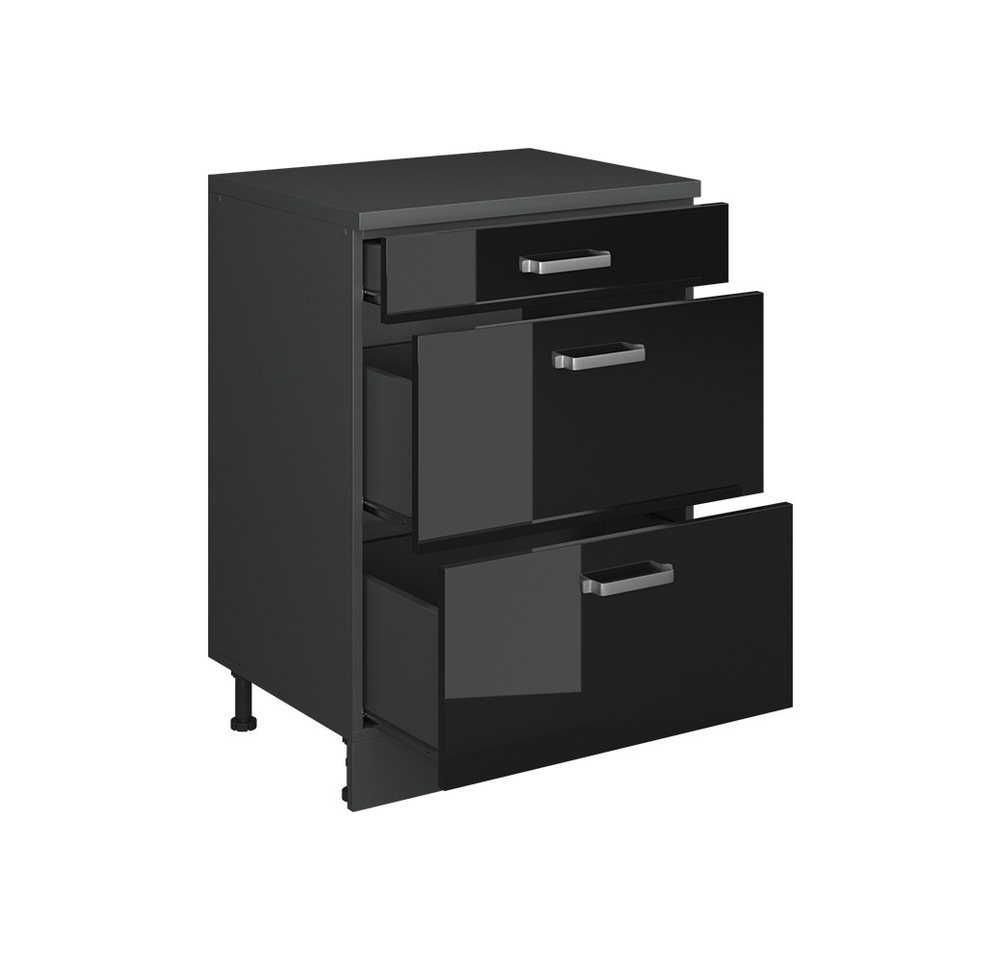 Vicco Unterschrank R-Line, Schwarz Hochglanz, 60 cm ohne Schräge mit 3 Schubladen (1-St) – Bild 4 von 5