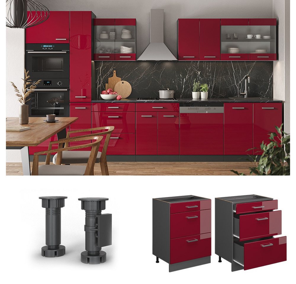 Vicco Unterschrank R-Line, Rot Hochglanz/Anthrazit, 60 cm mit Schubladen, ohne Arbeits... (1-St) – Bild 3 von 5