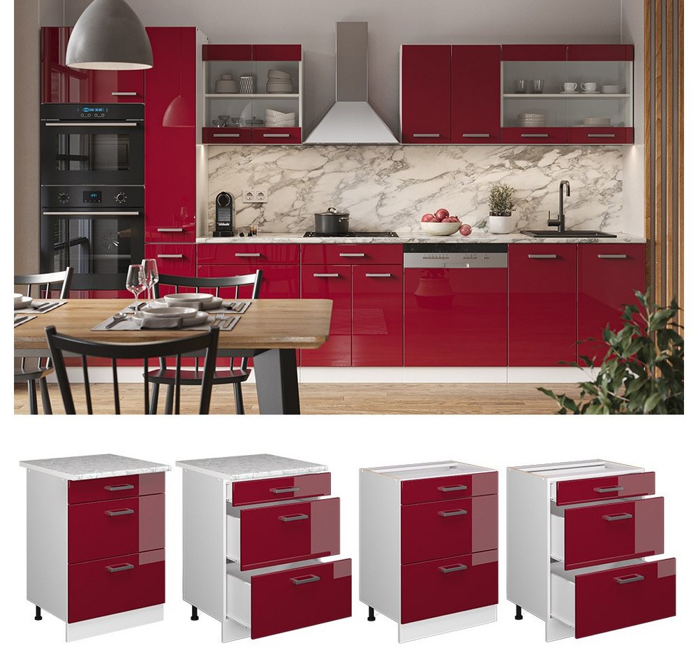 Vicco Unterschrank R-Line, Rot Hochglanz/Weiß, 60 cm mit Schubladen, ohne Arbeitsplatte (1-St) – Bild 3 von 5