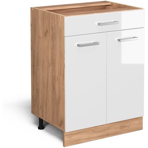 Vicco Unterschrank R-Line, Weiß Hochglanz/Eiche, 60 cm mit Schublade, ohne Arbeitsplatte (1-St)