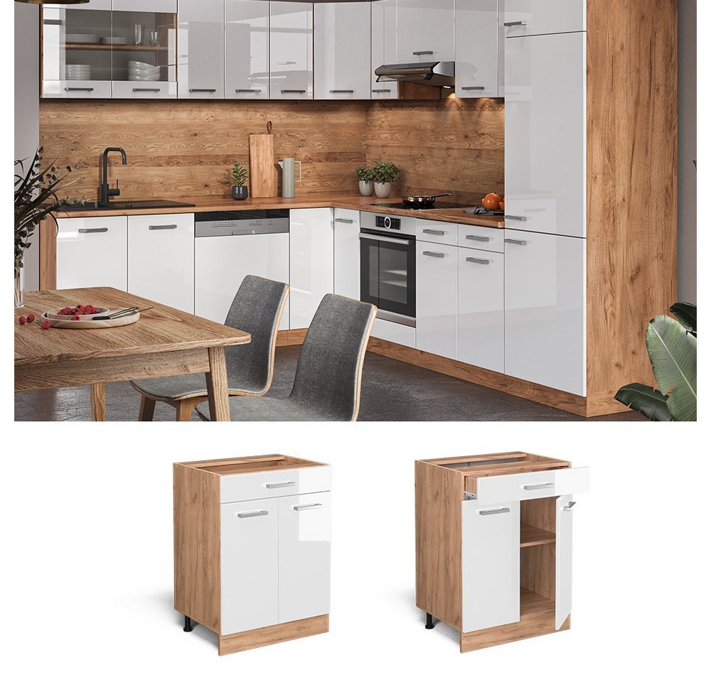 Vicco Unterschrank R-Line, Weiß Hochglanz/Eiche, 60 cm mit Schublade, ohne Arbeitsplatte (1-St) – Bild 3 von 5