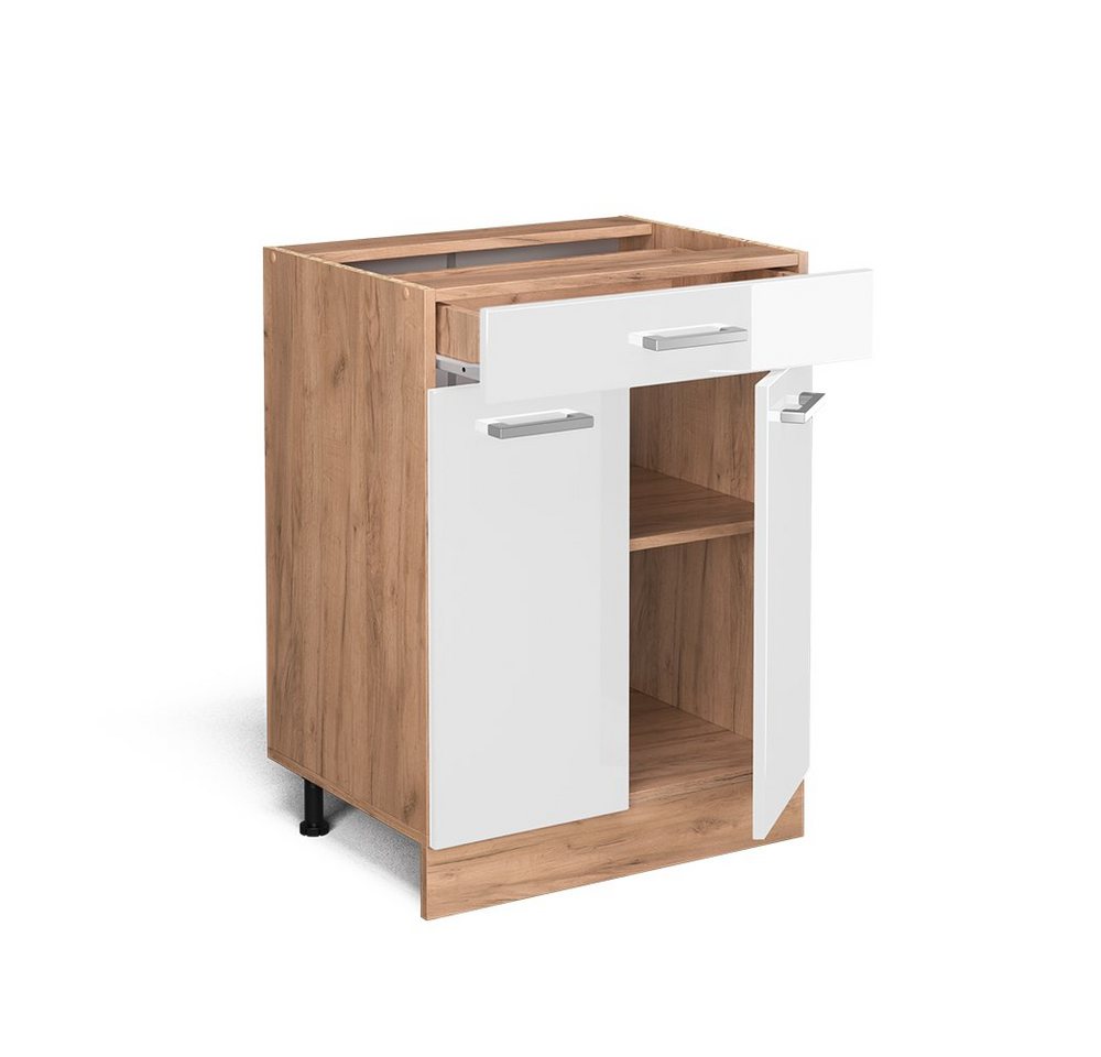 Vicco Unterschrank R-Line, Weiß Hochglanz/Eiche, 60 cm mit Schublade, ohne Arbeitsplatte (1-St) – Bild 4 von 5
