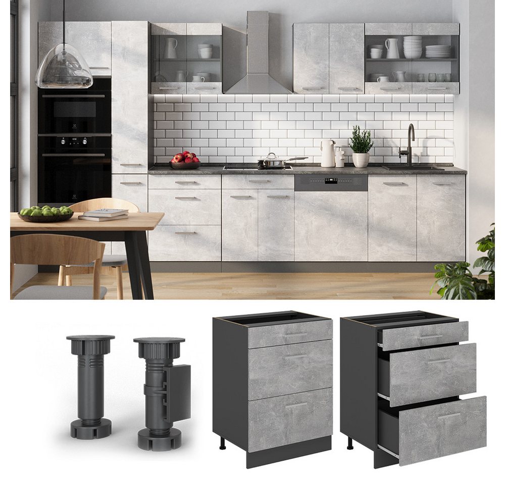 Vicco Unterschrank R-Line, Beton/Anthrazit, 60 cm mit Schubladen, ohne Arbeitsplatte (1-St) – Bild 3 von 4