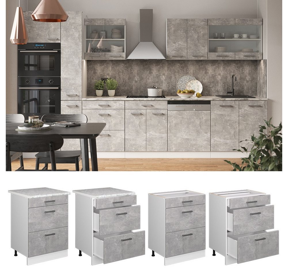Vicco Unterschrank R-Line, Beton/Weiß, 60 cm mit Schubladen, ohne Arbeitsplatte (1-St) – Bild 3 von 5