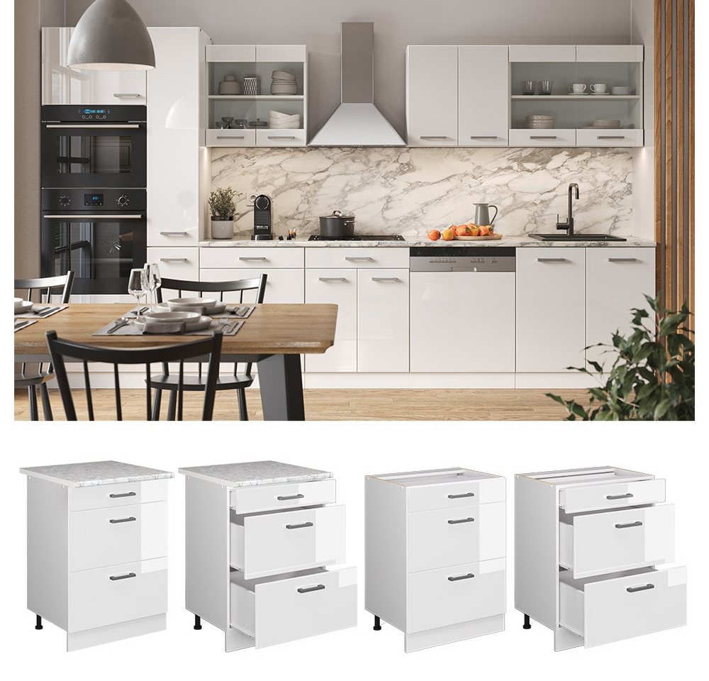 Vicco Unterschrank R-Line, Weiß Hochglanz/Weiß, 60 mit Schubladen, ohne Arbeitsplatte (1-St) – Bild 3 von 5