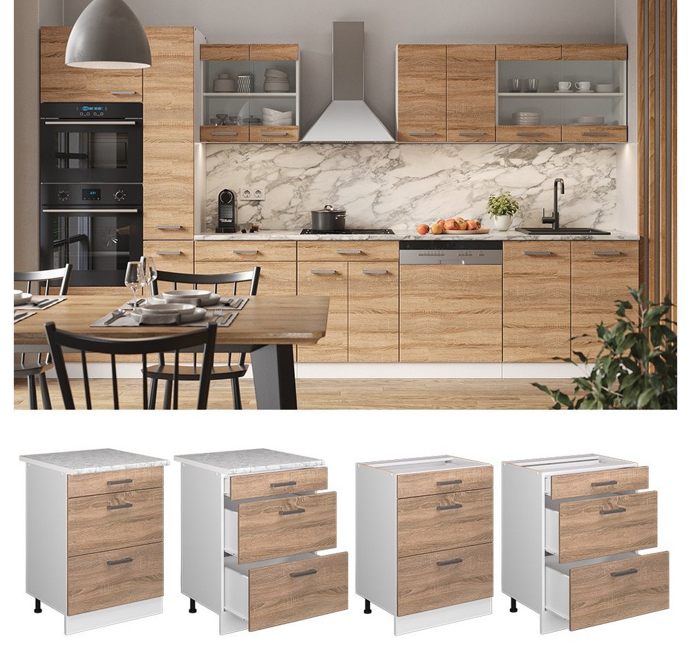 Vicco Unterschrank R-Line, Sonoma/Weiß, 60 cm mit Schubladen, ohne Arbeitsplatte (1-St) – Bild 3 von 5