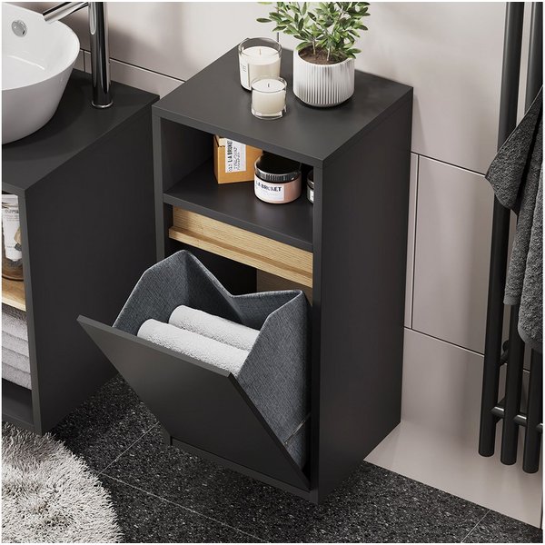 Vicco Wäscheschrank Viola, Grau/Artisan/Artisan, 38 x 80 cm mit Wäschkorb (1-St)