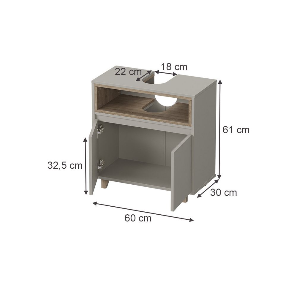 Vicco Waschbeckenunterschrank Elnor, Greige/Eiche/Greige, 60 x 61 cm mit 2 Türen (1-St) – Bild 2 von 5