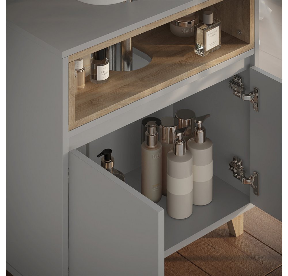 Vicco Waschbeckenunterschrank Elnor, Greige/Eiche/Greige, 60 x 61 cm mit 2 Türen (1-St) – Bild 4 von 5
