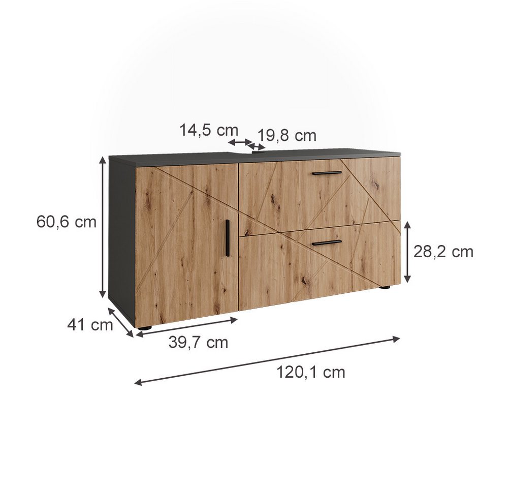 Vicco Waschbeckenunterschrank Irma, Anthrazit/Goldkraft Eiche, 120.1 x 60.6 cm mit 2 Schubladen u... (1-St) – Bild 2 von 5
