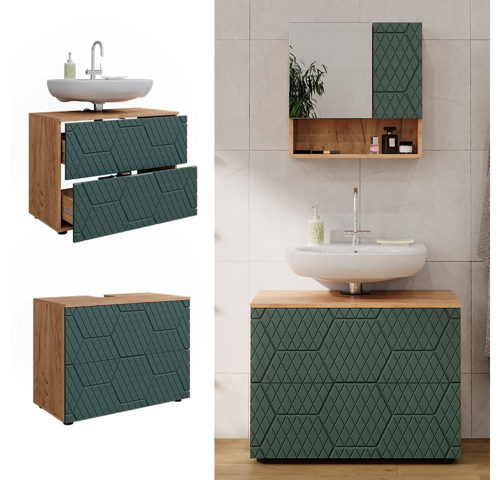 Vicco Waschbeckenunterschrank Irma, Goldkraft Eiche/Grün, 80 cm mit 2 Schubladen (1-St) – Bild 2 von 5