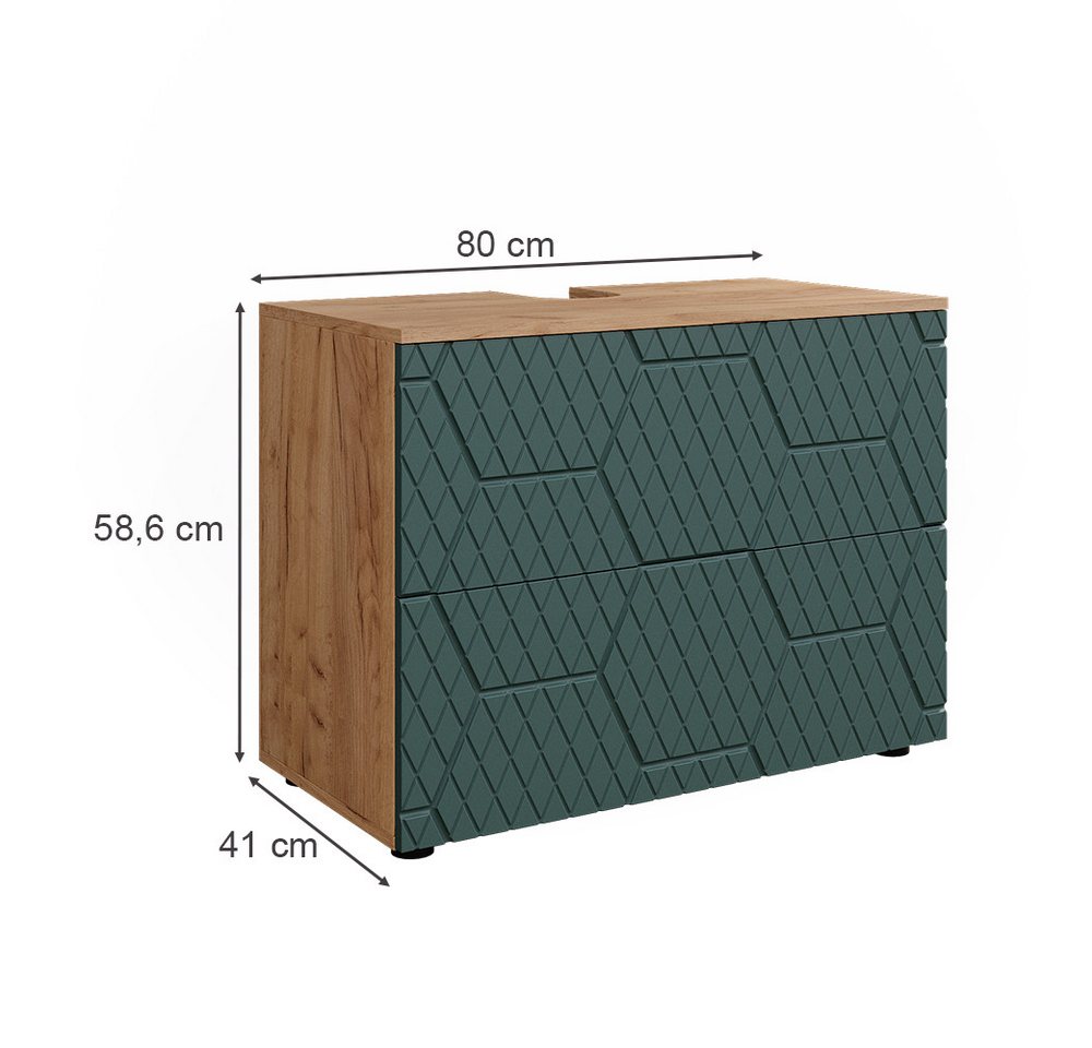Vicco Waschbeckenunterschrank Irma, Goldkraft Eiche/Grün, 80 cm mit 2 Schubladen (1-St) – Bild 3 von 5