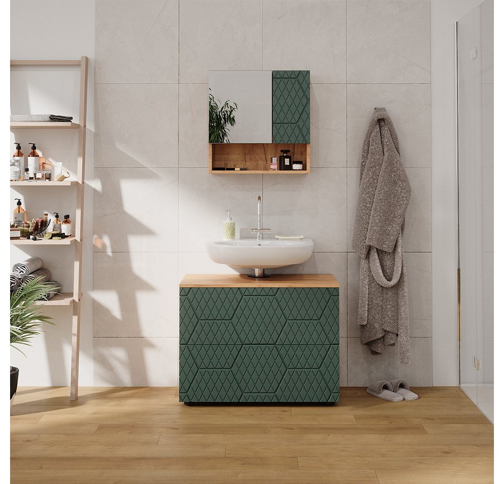 Vicco Waschbeckenunterschrank Irma, Goldkraft Eiche/Grün, 80 cm mit 2 Schubladen (1-St) – Bild 4 von 5