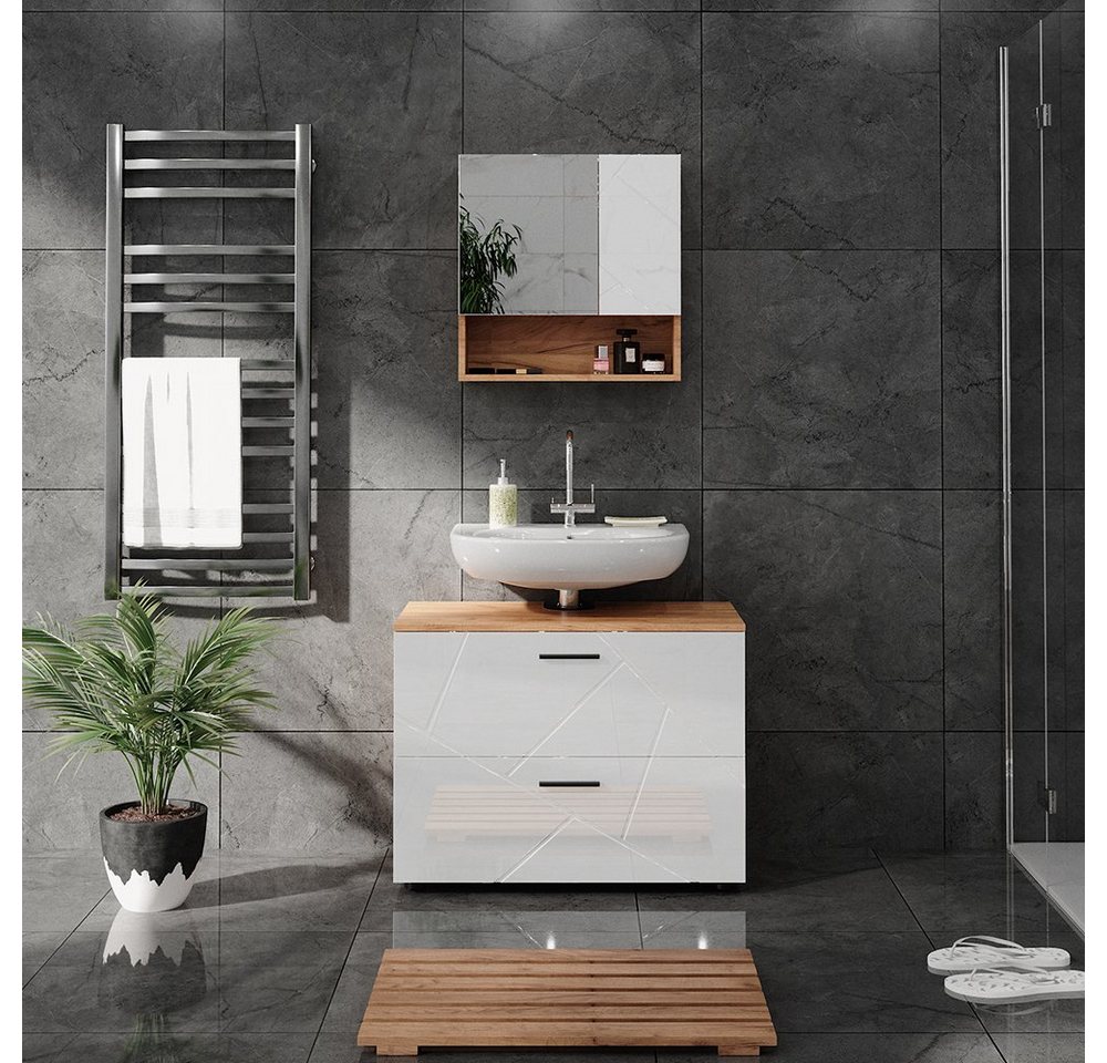 Vicco Waschbeckenunterschrank Irma, Eiche/Weiß Hochglanz, 80 x 58.6 cm (1-St) – Bild 4 von 5