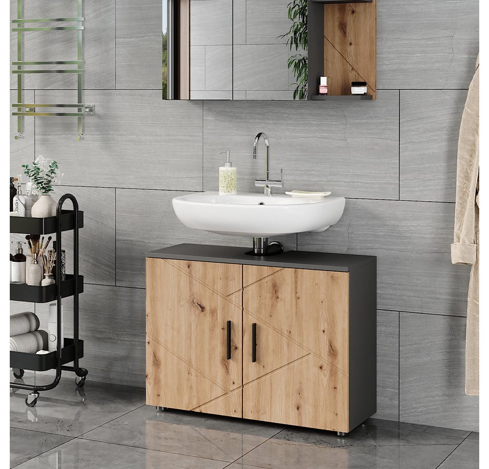 Vicco Waschbeckenunterschrank Irma, Anthrazit/Goldkraft Eiche, 80 x 59 cm mit 2 Türen (1-St) – Bild 3 von 5