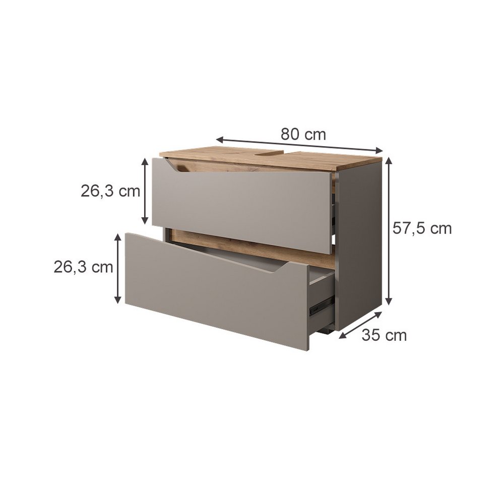 Vicco Waschbeckenunterschrank Marelle, Greige/Artisan-Eiche, 80 x 57.5 cm mit 2 Schubladen (1-St) – Bild 2 von 5