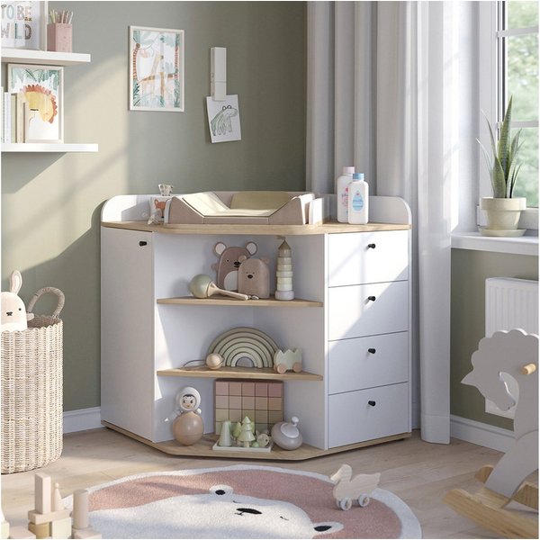 Vicco Wickelkommode Aria, Weiß/Artisan/Artisan-Eiche, 85 x 90 cm mit Regalen und 4 Sch...