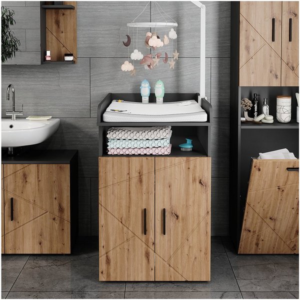 Vicco Wickelkommode Irma, Anthrazit/Goldkraft Eiche, 60 x 97 cm mit Wickelaufsatz