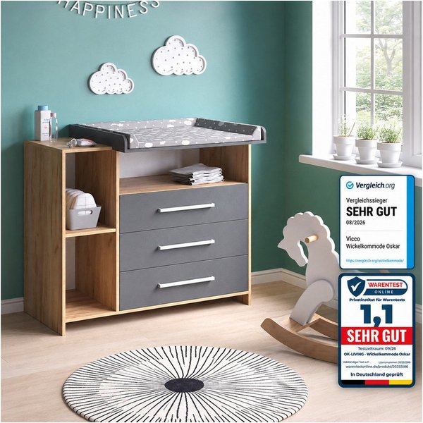 Vicco Wickelkommode Oskar, Anthrazit/Goldkraft Eiche, 113 x 93 cm mit 3 Schubladen