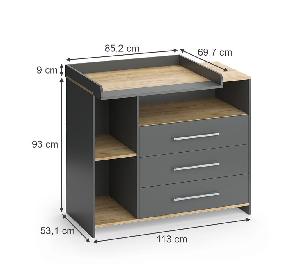 Vicco Wickelkommode Oskar, Anthrazit/Goldkraft Eiche, 113 x 93 cm mit 3 Schubladen – Bild 2 von 5