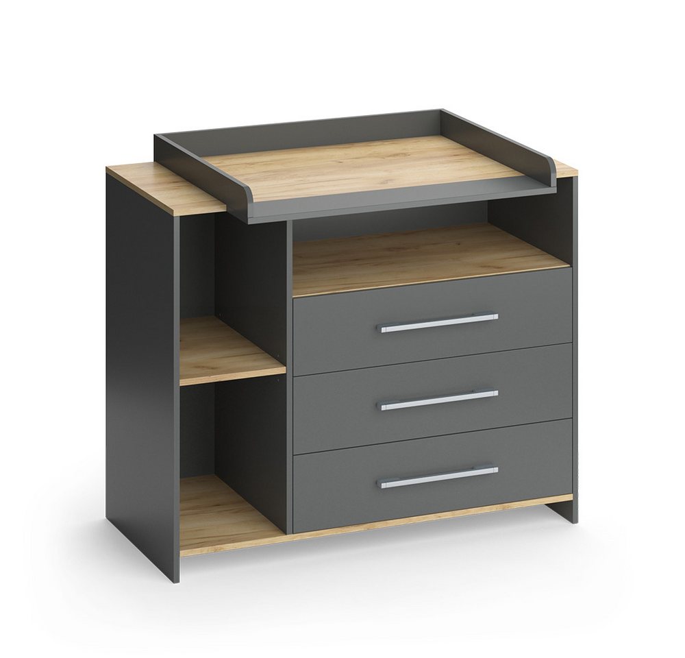 Vicco Wickelkommode Oskar, Anthrazit/Goldkraft Eiche, 113 x 93 cm mit 3 Schubladen – Bild 3 von 5